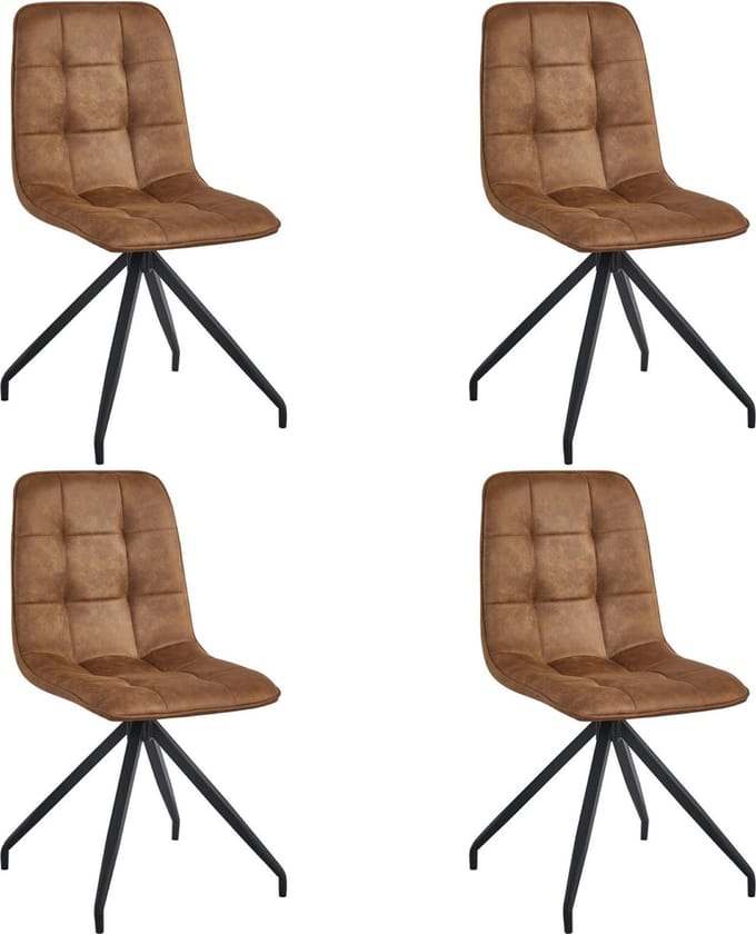 Colenis - Farucci Eetkamerstoel - Set Van 4 - Cognac - Microfiber Stof - Moderne Eetkamerstoel Met Spinpoot