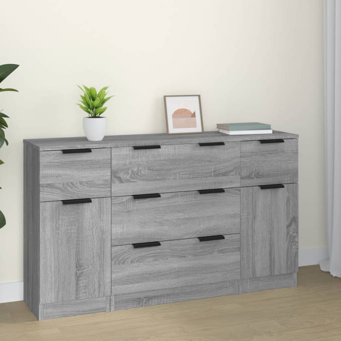 vidaXL - 3-delige - Dressoirset - bewerkt - hout - grijs - sonoma - eikenkleurig