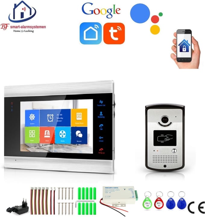 WIFI videofoon/intercom met 1 deurbel camera + 1 binnen paneel/scherm en kan werken met spraak gestuurde apps. T-2102V