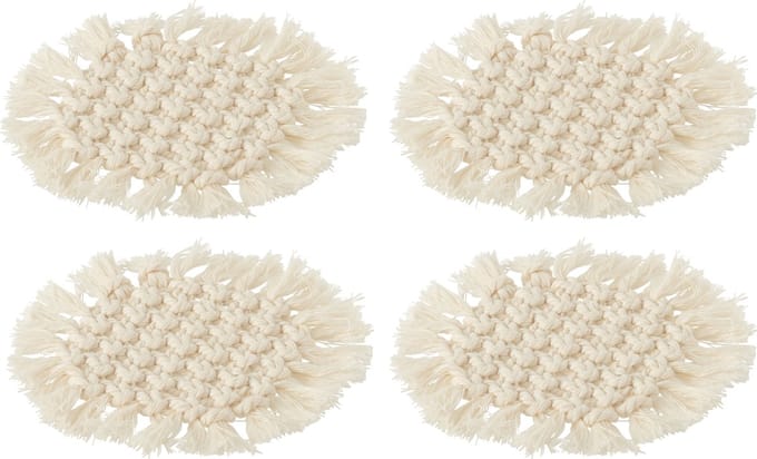 J-Line onderzetter Rond Macramé - polyester - beige - 4 stuks