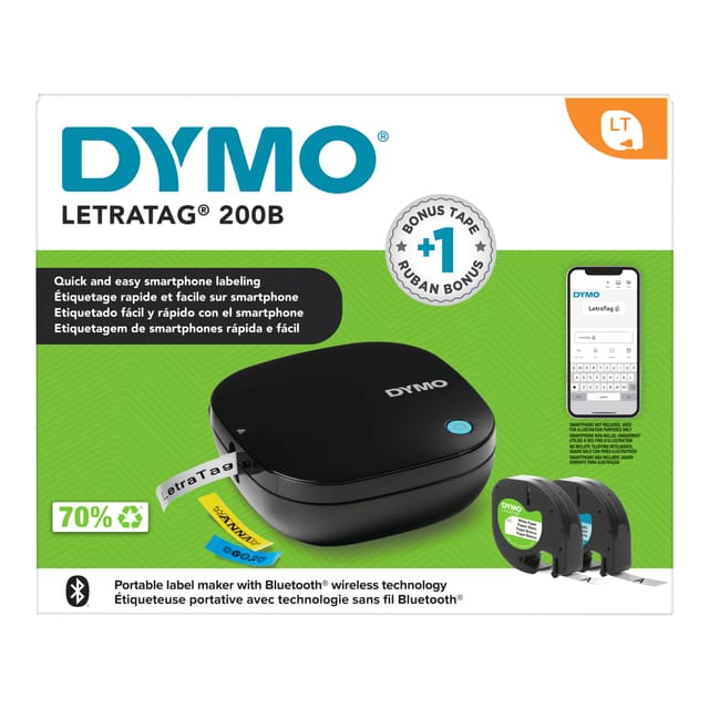 DYMO LetraTag 200B-labelmaker met bluetooth | Compacte labelprinter | Verbinding via draadloze bluetoothtechnologie met iOS en Android | Inclusief 2 soorten labeltape