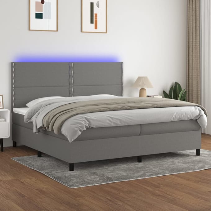 vidaXL - Boxspring - met - matras - en - LED - stof - donkergrijs - 200x200 - cm