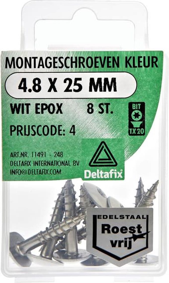 Deltafix montageschroeven 4,8 x 25 mm - RVS A2 / Wit - 8 stuks
