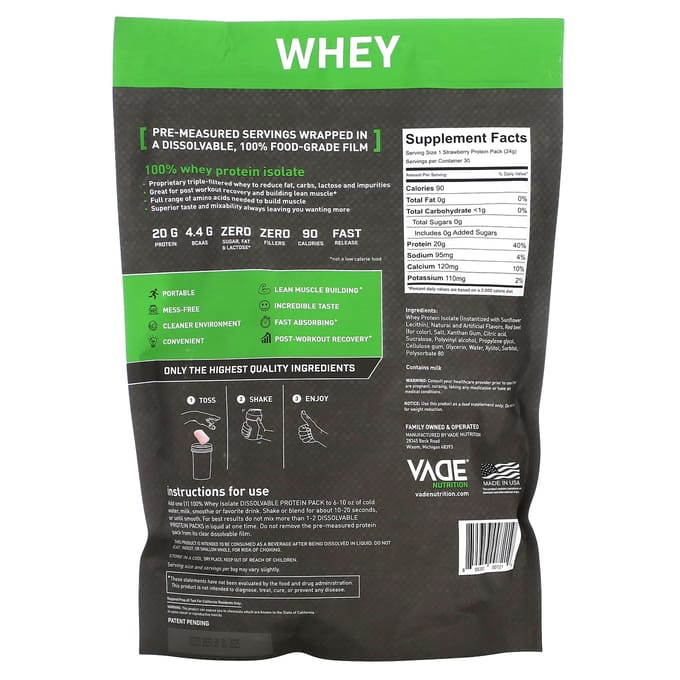 Vade Nutrition, Oplosbaar Eiwit Pakket, 100% Whey Isolaat, Aardbeien Milkshake, 1,6 lb (720 gr)