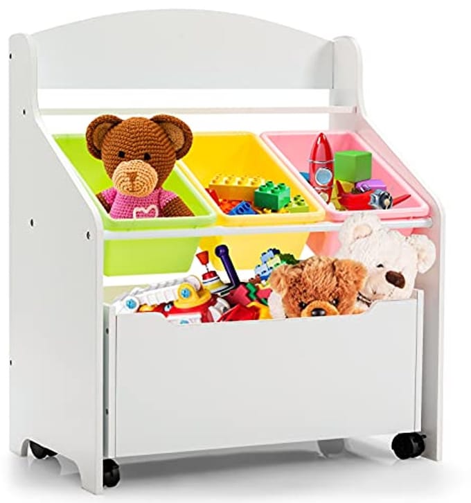 Kinderrek met grote opbergruimte en boxen voor de kinderkamer