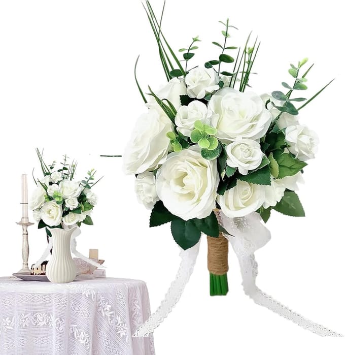 Bruidsboeket - Kunstbloemen Boeket - Bruiloft Decoratie - Realistisch Ontwerp - 28x24cm - Wit