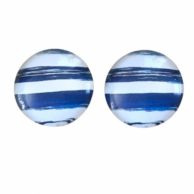 Clip oorbellen-Blue strips-2 cm Blauw-wit