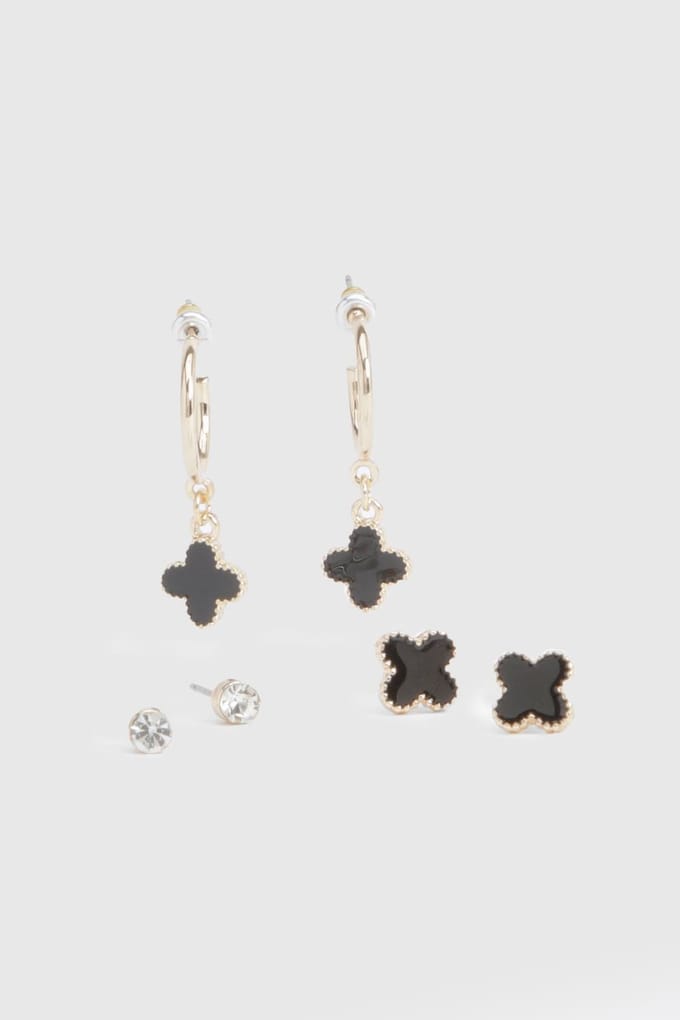 boohoo Dames Zwarte Emaille Klaver Oorbellen 3-Pack | Goud