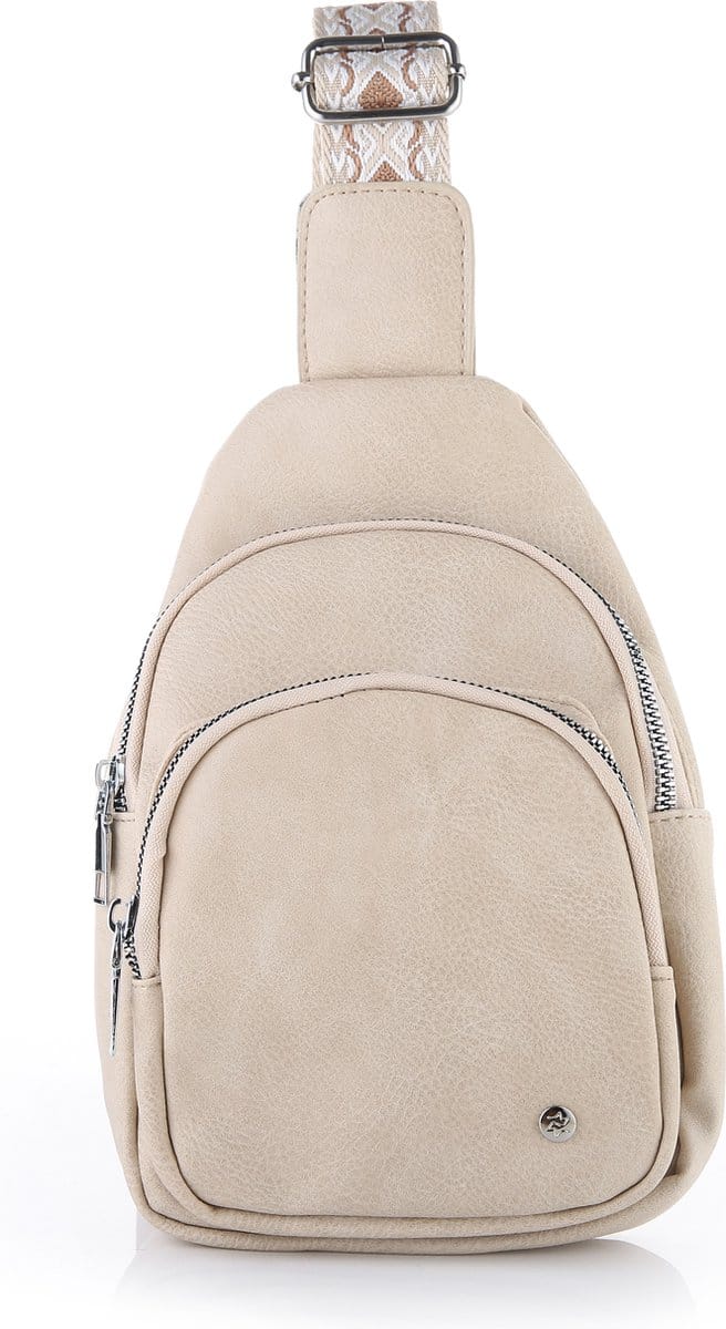 Klein crossbodytasje met geweven schouderriem, beige