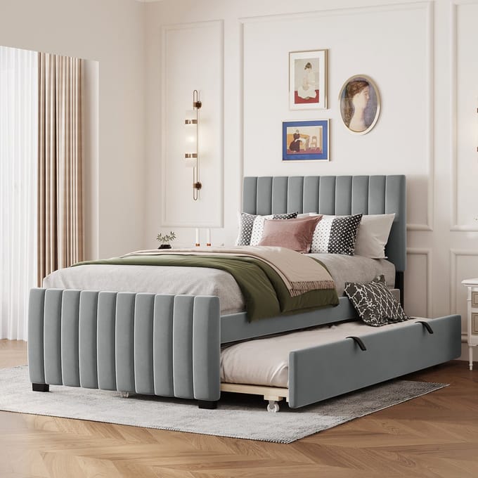 MODFU – Gestoffeerd Eenpersoonsbed – 90x190 cm – Met Uitschuifbed – Fluweel – Grijs