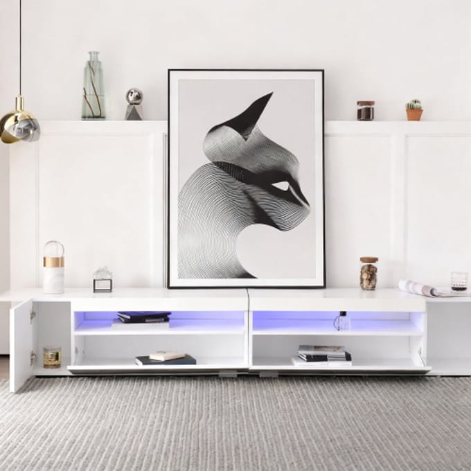 MODFU Tv-meubel – 240x35,5x38,5 cm – Met LED-verlichting – Wit – Extra lang – Tv-kast met verstelbare sfeerverlichting – MDF – Modern design