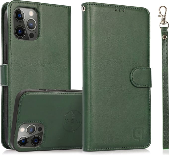 Perfeqt geschikt voor iPhone 14 Pro Max Uitneembare leer BookCase Hoesje - Dark Mint Green