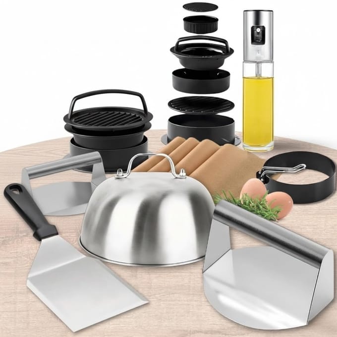 Famanu – Professionele hamburgerkit, 6-delig, met smasher, spatel, koepel, eierring en receptenboek