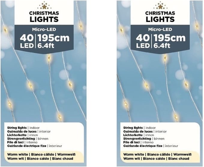 Lumineo Draadverlichting - 2x - 40 LEDs - warm wit - 195 cm - kerstverlichting batterijen