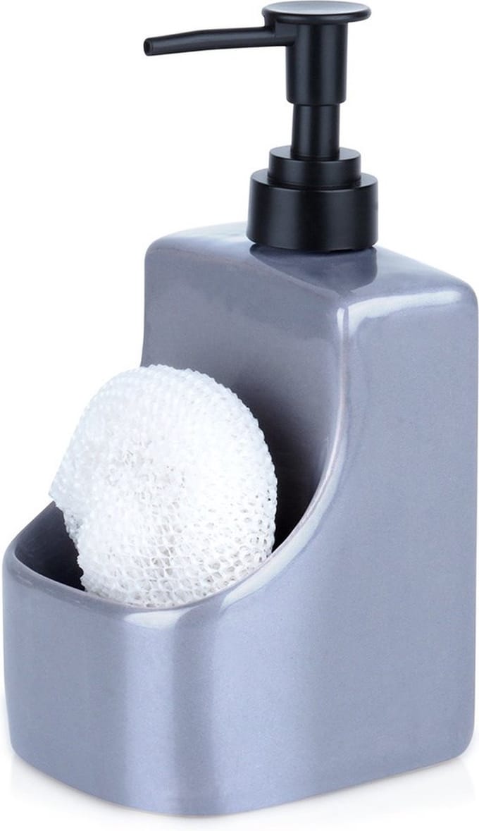 Afwasmiddeldispenser met Sponshouder en Spons Keramiek Grijs 400 ml - Zeepdispenser voor De Keuken - Vaatwasmiddeldispenser