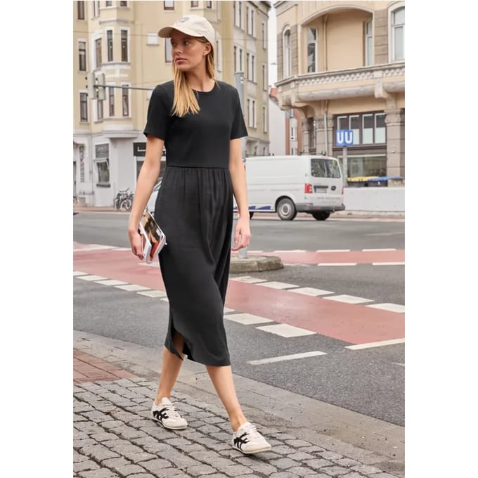 Midi-jurk met ronde hals en structuurmix