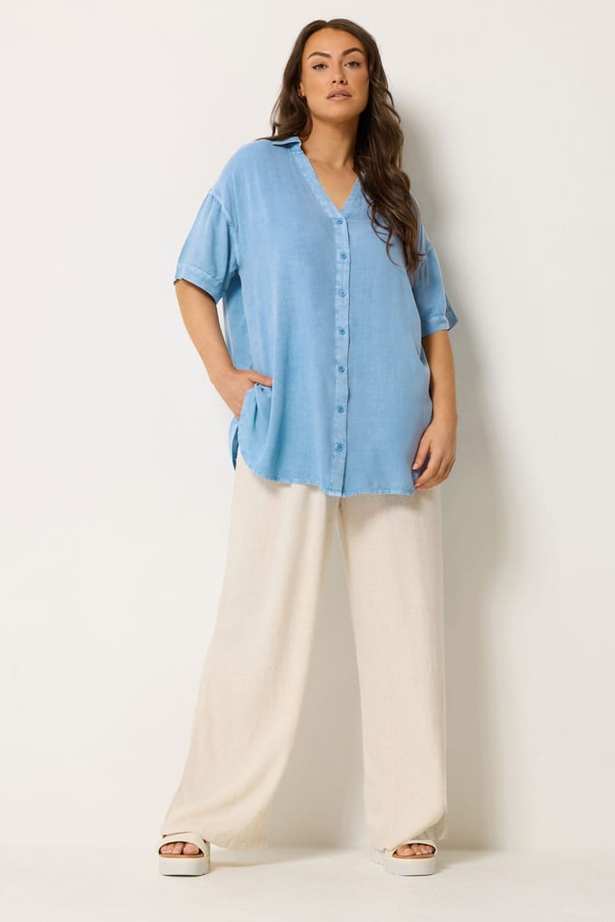 Yours Lichtblauw Chambrayshirt Met Korte Mouwen Size 42