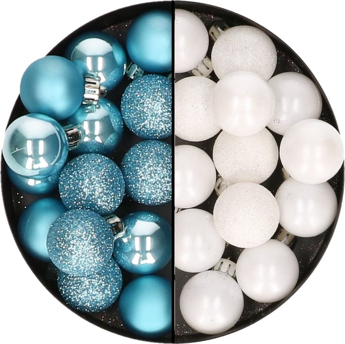 Decoris kleine kerstballen - 28x st - wit en ijsblauw - 3 cm - kunststof