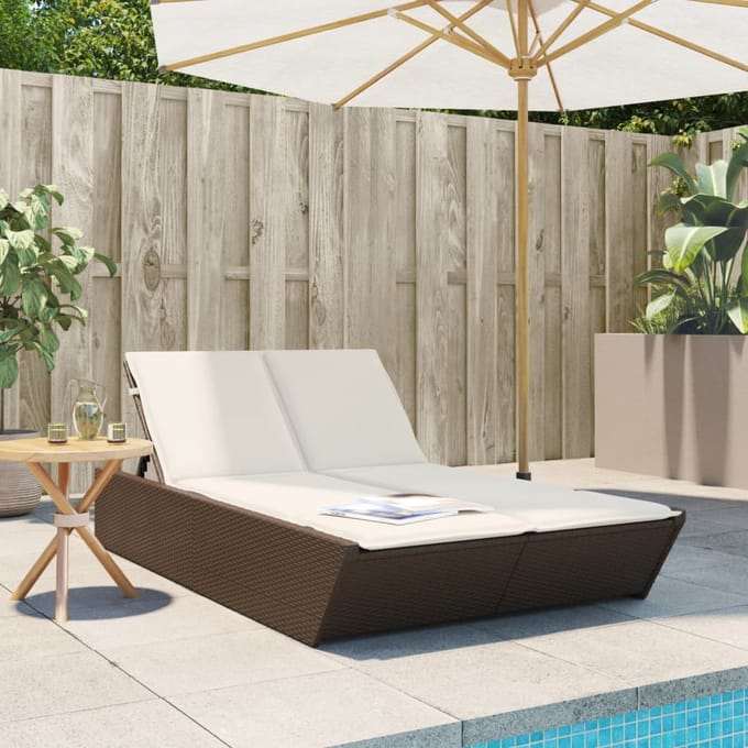 vidaXL - Ligbed - 2-persoons - met - kussens - poly - rattan - bruin