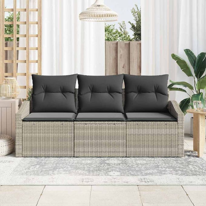 vidaXL Tuinbank Set met kussen met opslag 3 pcs Lichtgrijs poly rattan
