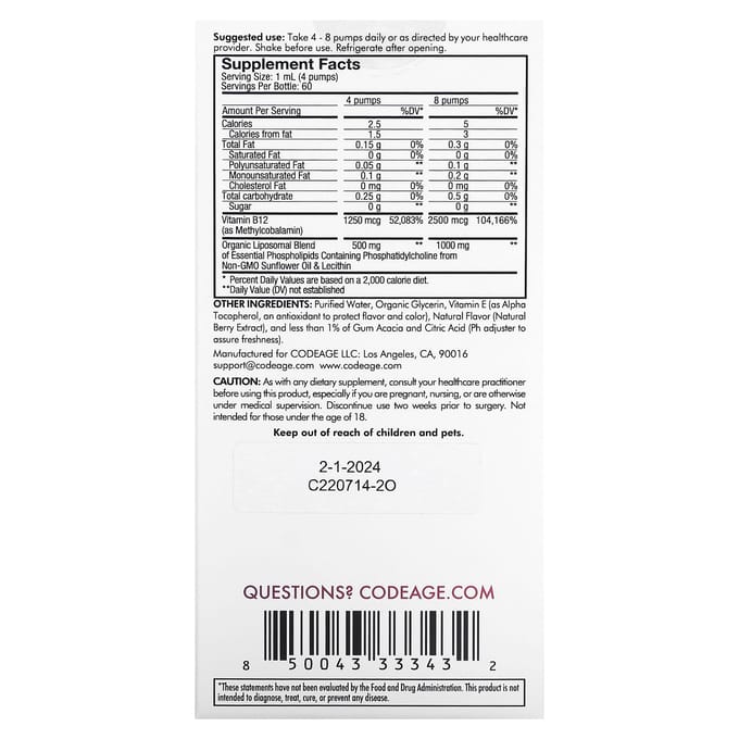 Codeage, Vitamine B12 Liposomale, Saveur Baies Mixtes, 2 fl oz (59,2 ml)