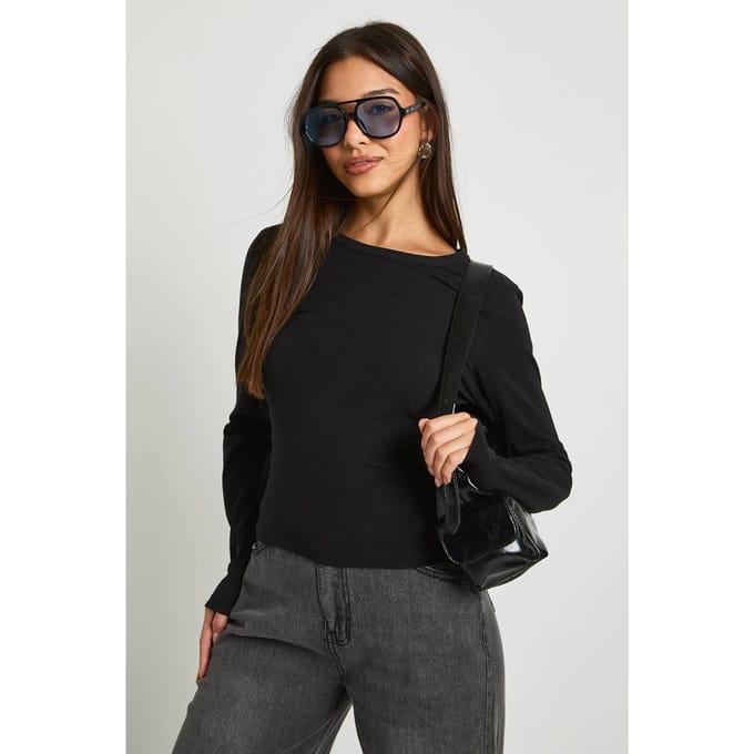 boohoo Dames Basic Langmouw Getailleerde Top | Zwart | Maat: 42