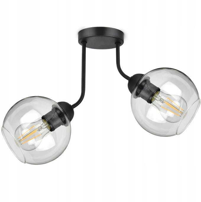 Merkloze Hanglamp met 2 Glazen Bollen, Zwart/Transparant, E27