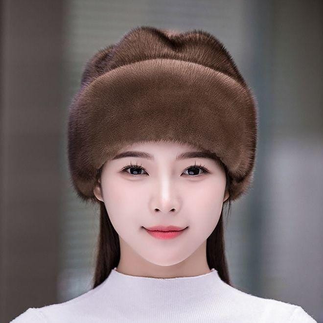 Chapeau d'hiver chaud en fourrure de vison pour femme one size black