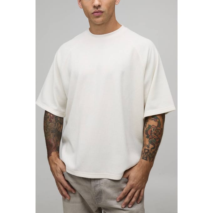 Oversized Boxy Waffle Raglan T-Shirt | Ecru | Size Small
