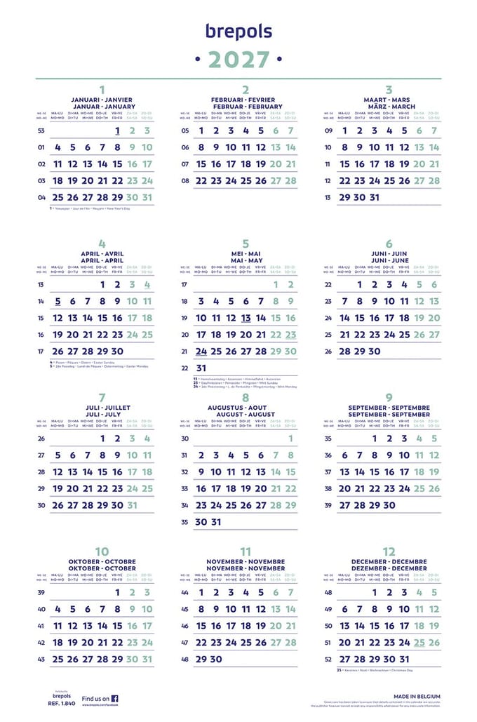 Brepols Jaarkalender - 2027 - Posterformaat - 40 x 60.5 cm