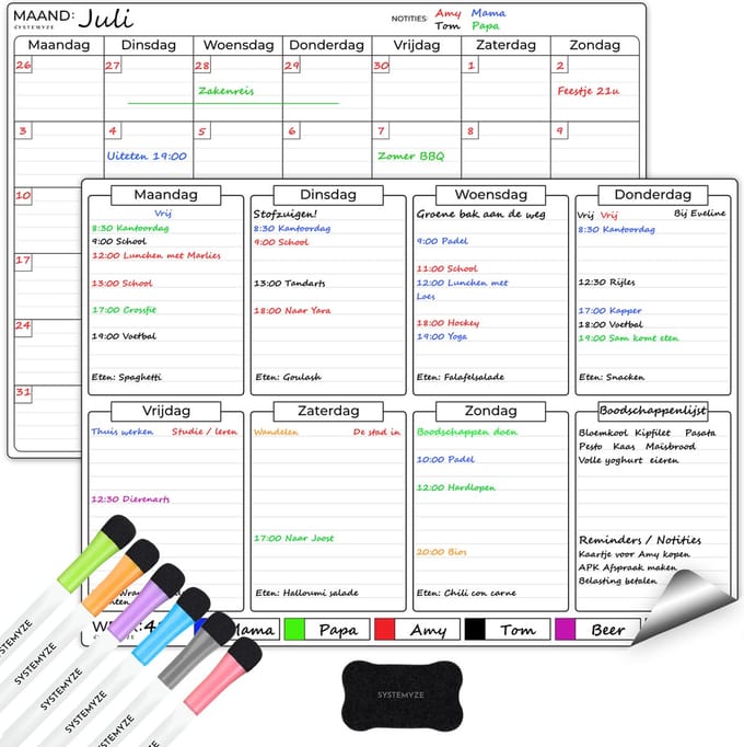 Systemyze Maandplanner & Weekplanner Whiteboard Set – Magnetisch Planbord – Magnetische Maandplanner – Inclusief Markers & Wisser – A3 Formaat