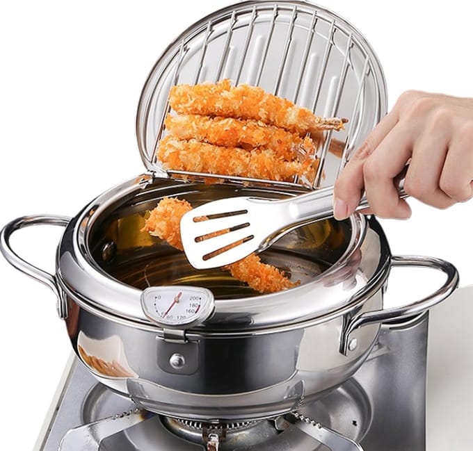 Frituurpan - Tempura pan - Thuis Frituren - Met Thermometer - 20 cm - Zilver