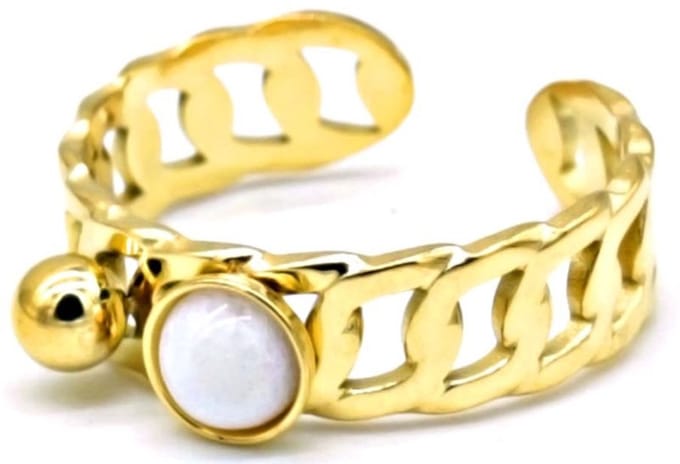 Ring - Ronde Witte Kraal - RVS - One Size - Goudkleurig