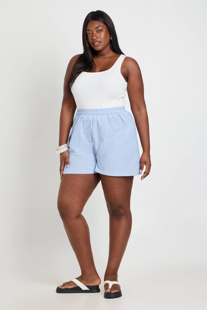 boohoo Dames Plus Poplin Henley Korte Broek | Blauw | Maat: 48