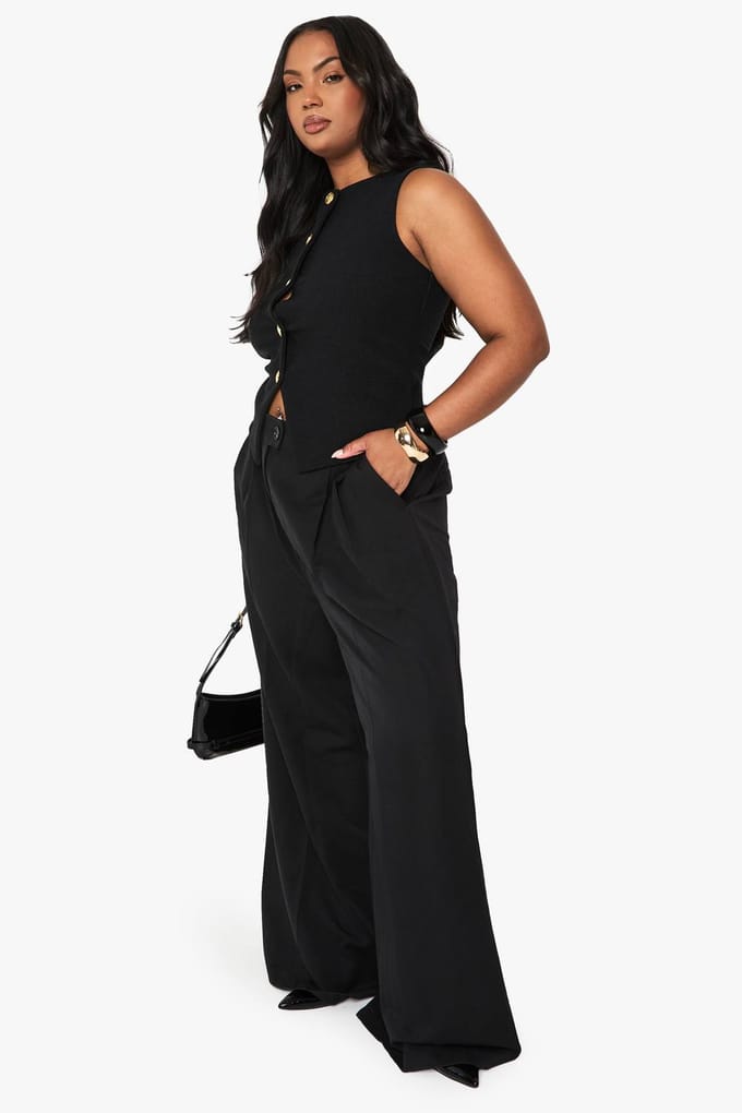 boohoo Dames Plus getextureerd vest met doorlopende knoopsluiting | Zwart | Maat: 56