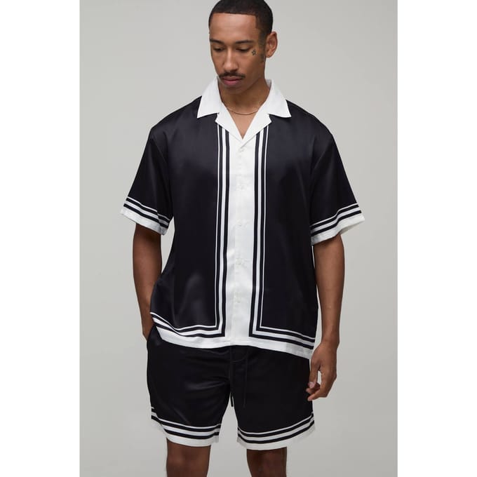 Oversized Short Sleeve Double Boarder Print Satin Shirt & Short Set | Black | Size Medium