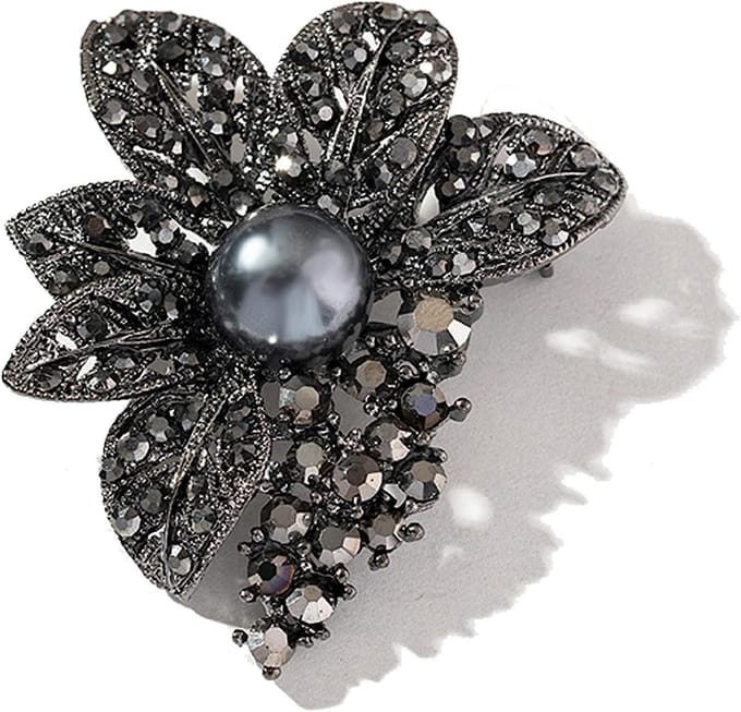 Victoriaanse Stijl Bloem Broche met Zwarte Parels en Kristal