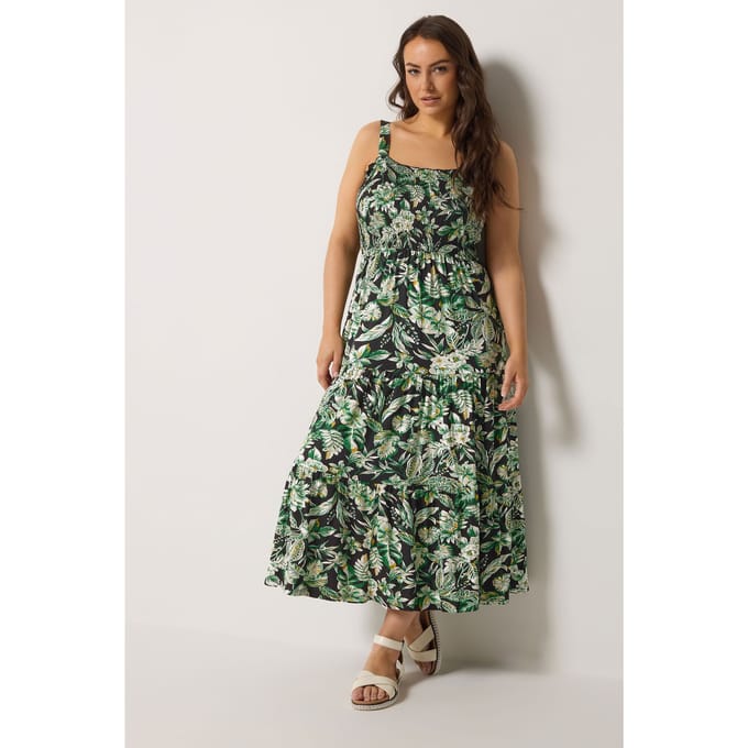 Yours Groene Gesmokte Midijurk Met Bloemenprint Size 46
