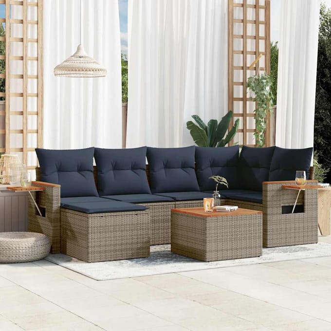 vidaXL - 7-delige - Loungeset - met - kussens - poly - rattan - grijs