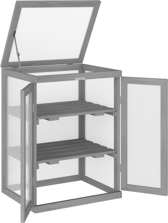 REDOM - Kweekkas Met Dubbele Deur En Klapdak - Compact - Hout En Polycarbonaat - Donkergrijs - 58 X 44 X 78 Cm