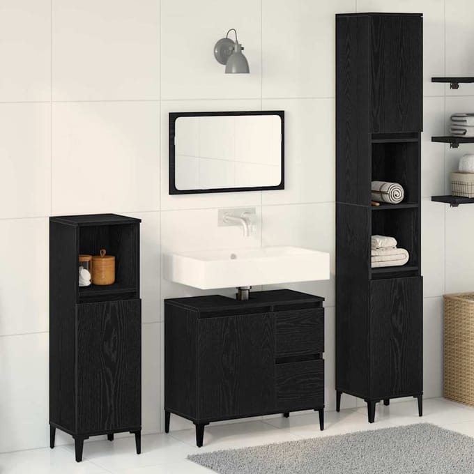 vidaXL - Badkamermeubel - Set - 3 - st - Zwart - Eiken - Samengesteld - Hout - en - Metaal