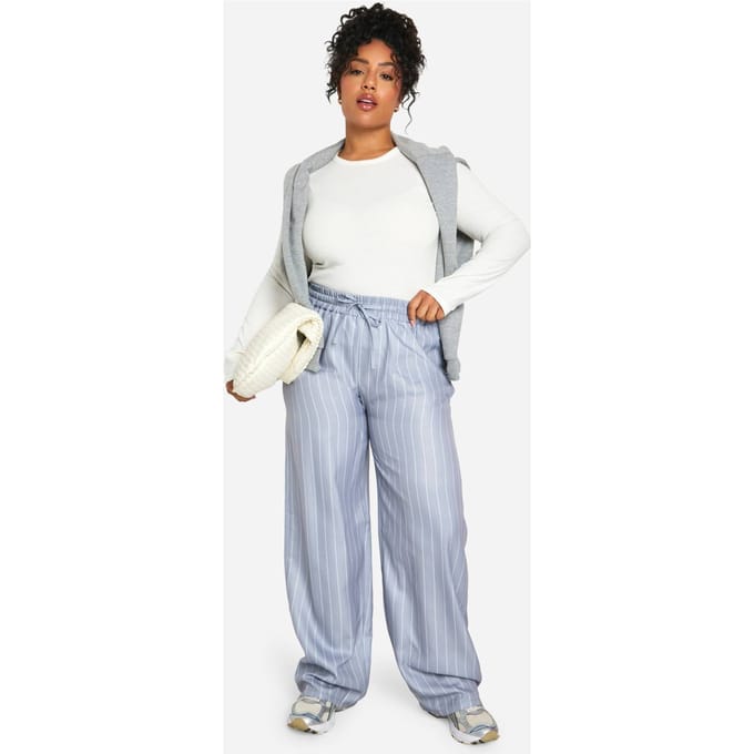 boohoo Dames Plus gestreepte geweven broek met trekkoord | Grijs | Maat: 56