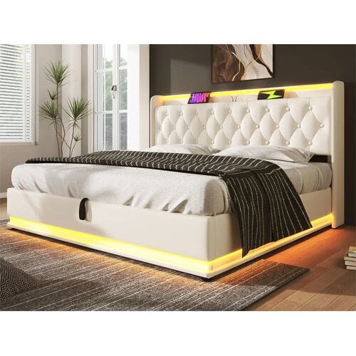 ModernLuxe Opbergbed van kunstleer 140x200cm - met LED- en USB- en Type-C-aansluitingen - Wit