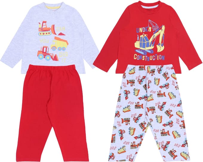 2 x Grijs-rode pyjama met graafmachines / 128