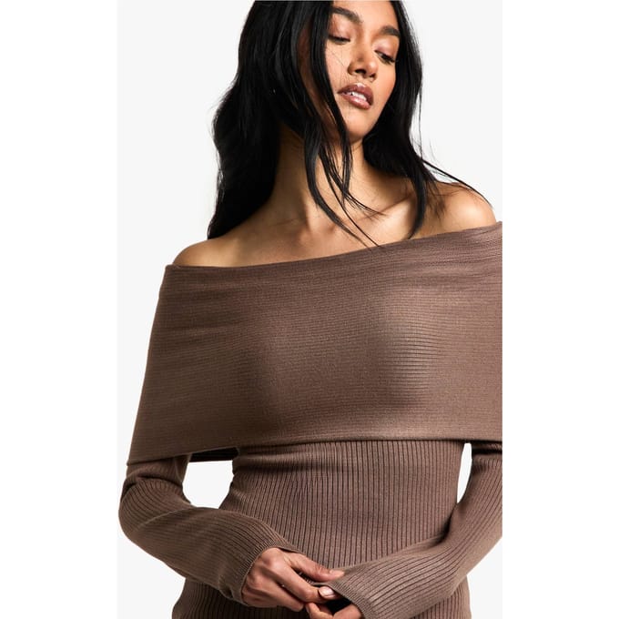 boohoo Dames Premium Rib Gebreide Bardot Trui | Mushroom | Maat: Medium