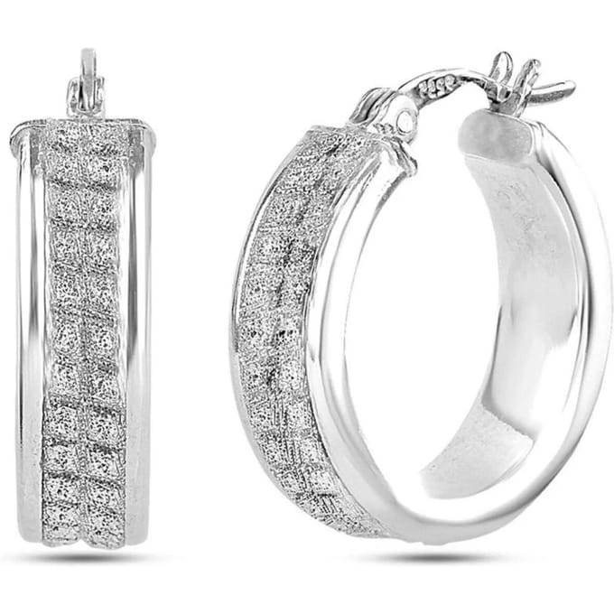Vrouwen Brede Hoep Oorbellen met Diamantstructuur, 925 Sterling Zilver BIPE018