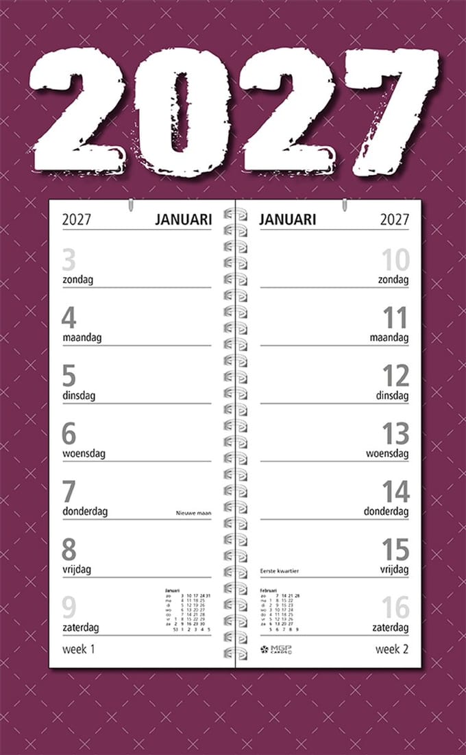 MGPcards - Omlegweekkalender 2027 - Week begint op zondag - 21 x 34 cm - Purper