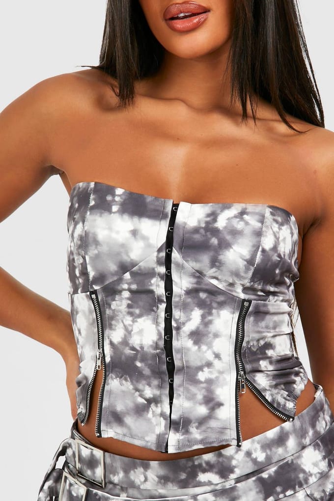 boohoo Dames Tie Dye Zip Front Korset | Houtskool | Maat: 38