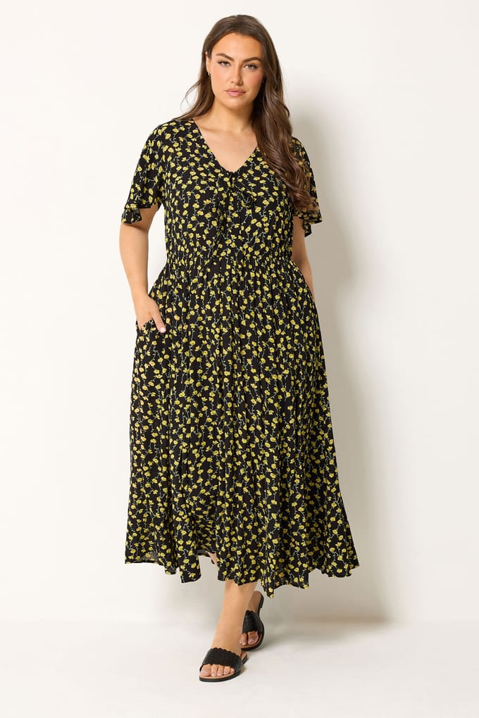 Yours Zwartgele Maxijurk Met Bloemenprint En Gekreukeld Effect Size 48