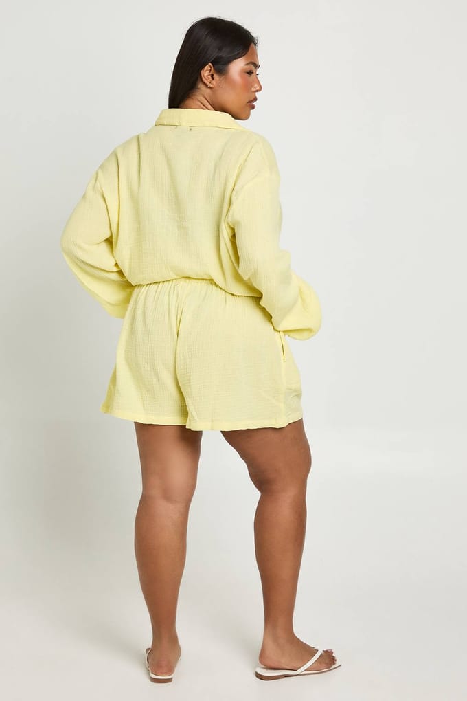 boohoo Dames Plus Katoenen Gaas Strandshort | Citroen | Maat: 44
